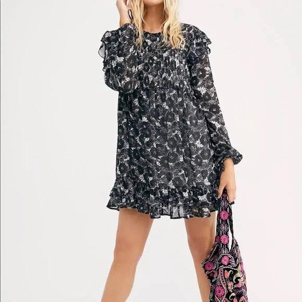NEW! Free People These Dreams Black White Long Sleeve Ruffle Shift dress large